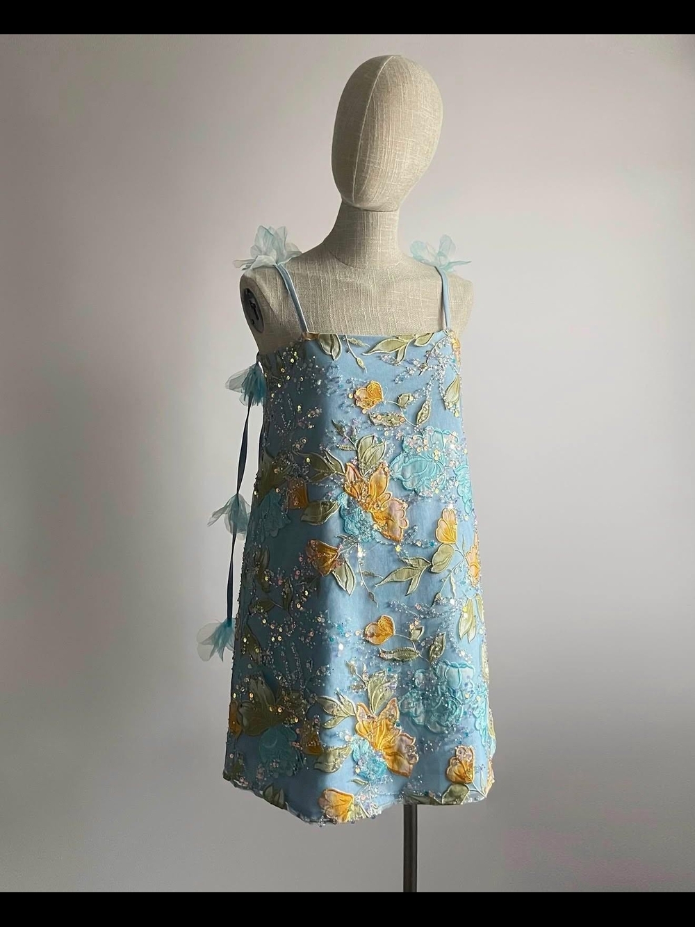 Blue Floral Embroidered Sleeveless Dress